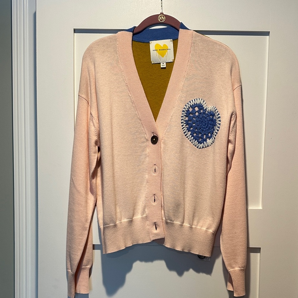 Kerri Rosenthal Pink Cardigan with Blue Heart Detail